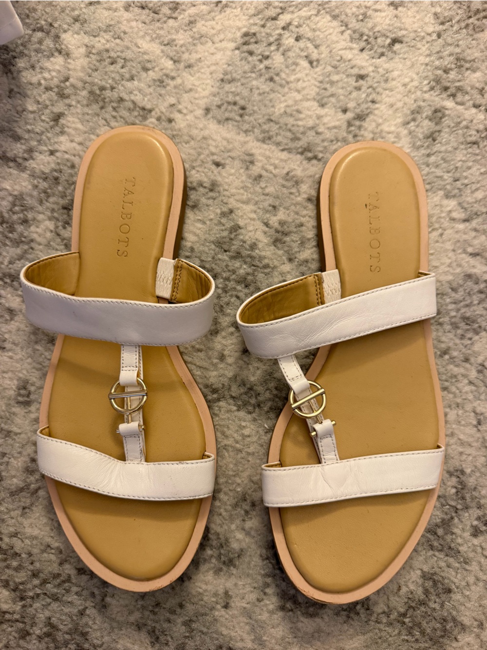 Talbots White Leather T-Strap Slide Sandals with Gold Accent